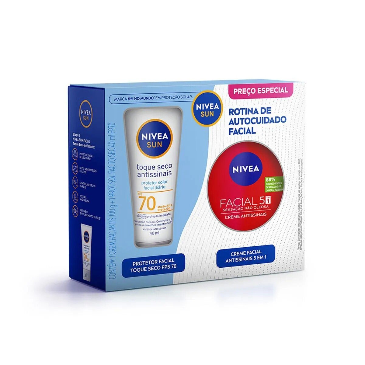 Capa do produto Kit Nivea Sun Rotina de Autocuidado Facial Protetor Solar FPS70 40ml + Creme Antissinais 100g