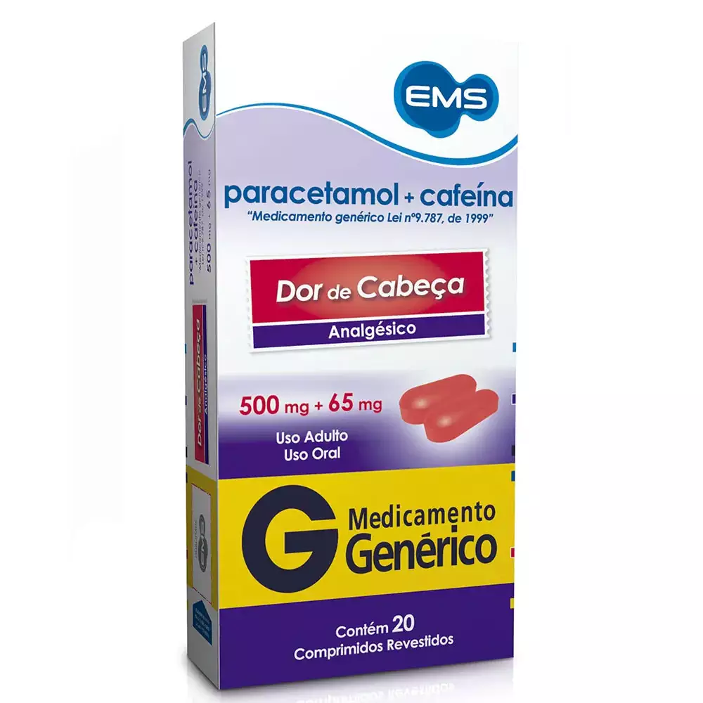Capa do produto Paracetamol + Cafeína Genérico Ems 500Mg + 65Mg 20 Comprimidos Revestidos