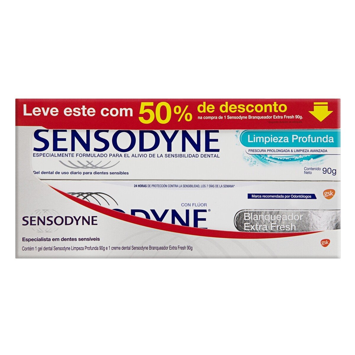 Capa do produto Kit Creme Dental Sensodyne Limpeza Profunda + Branqueador Extra Fresh 90G + 90G
