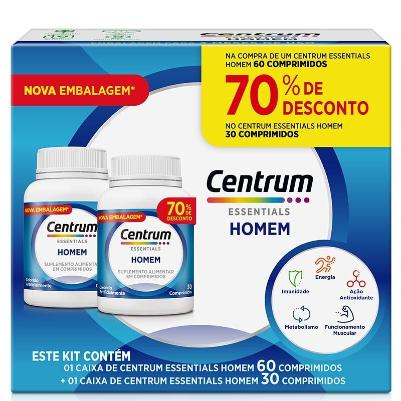 Capa do produto Kit Polivitamínico Centrum Essentials Homem De A A Zinco 60 + 30 Comprimidos