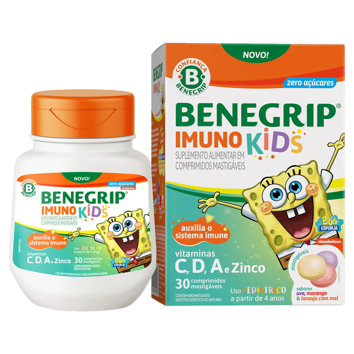 Capa do produto Suplemento Uva, Morango Ou Laranja Com Mel Zero Açúcar Bob Esponja Benegrip Imuno Kids Caixa 30 Comprimidos Mastigáveis
