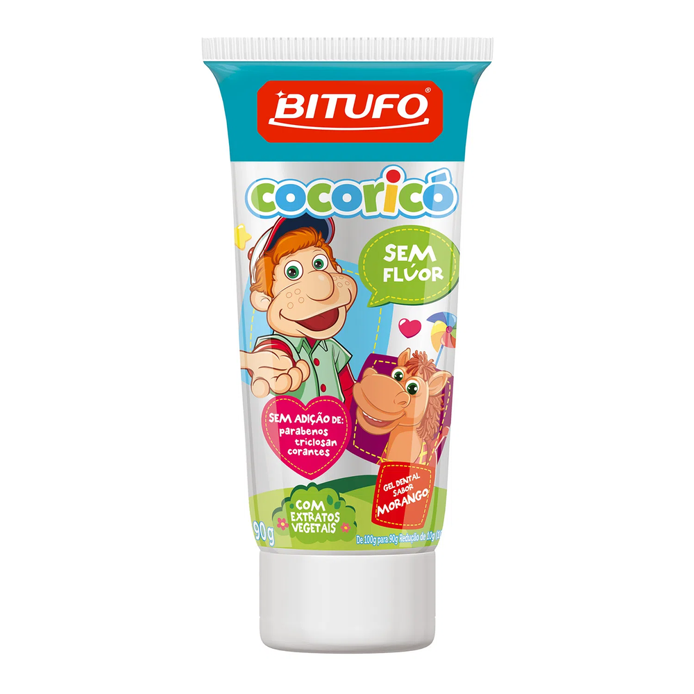 Capa do produto Gel Dental Cocoricó Bitufo Sem Flúor Morango 90g