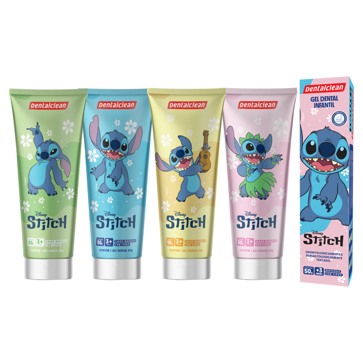 Capa do produto Gel Dental Infantil com Flúor Morango Stitch Dentalclean Caixa 50g