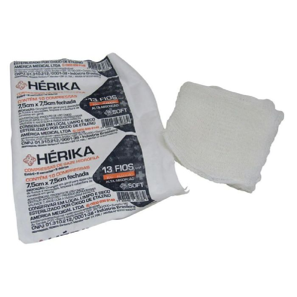 offer-product-image-Compressa de Gaze Estéril 13 Fios Hérika 7,5cmx7,5cm 10 Unidades