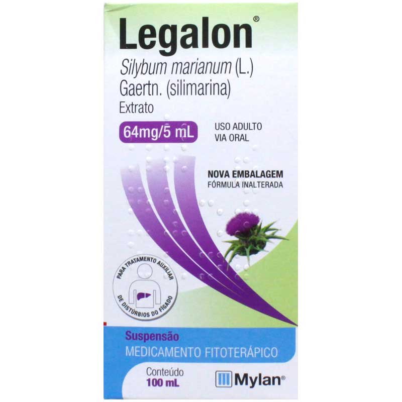 Capa do produto Legalon Suspensão - 64mg/5mL, caixa com 1 frasco com 100mL de suspensão de uso oral