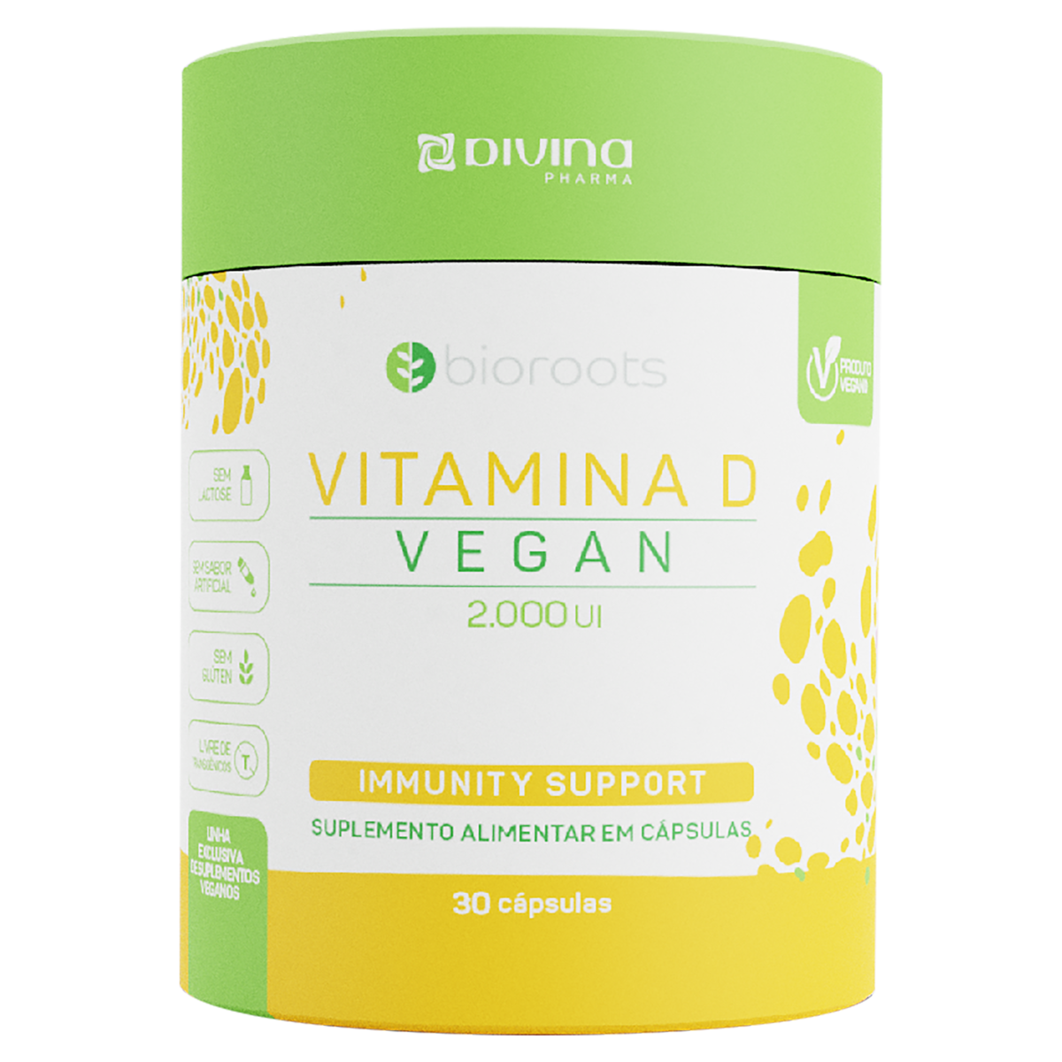 Capa do produto Vitamina D 2000UI Bioroots Immunity Support Frasco 30 Cápsulas
