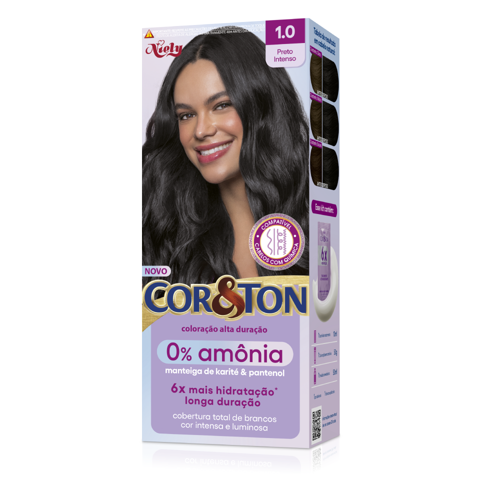 Capa do produto Tinta De Cabelo Permanente Cor&Ton 0% Amônia Niely 1.0 Preto Intenso